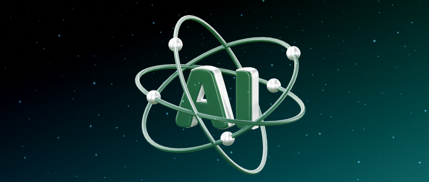 3D "AI" letters are encircled by green atomic orbits with spheres, symbolizing technology and innovation and AI Tools For Crypto, set against a starry, dark teal background.