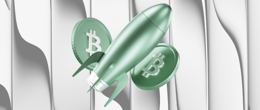 A mint-green rocket with Bitcoin symbols on the fins flies upward against a wavy, abstract white background, symbolizing cryptocurrency growth and AI Tools For Crypto.
