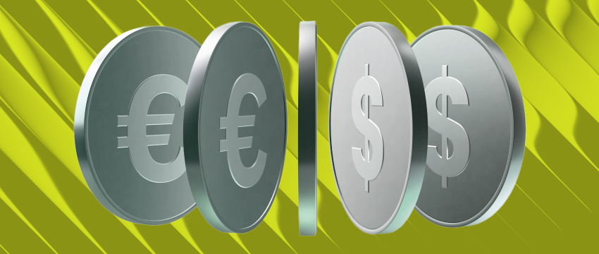 Silver coins with euro and dollar symbols float against a lime green background with diagonal shadows, conveying themes of currency and finance for Forex Trading Beginner.