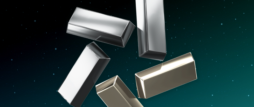 Five metallic bars in silver and gold hues are floating against a dark starry background, conveying a sense of weightlessness and elegance in meta trading.
