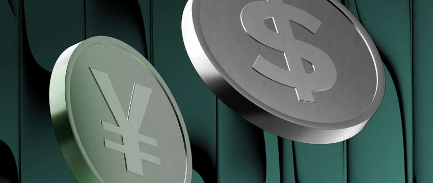 Silver coins with dollar and yen symbols float against a dark green, abstract background, representing Forex Currency Strength, global finance, and currency exchange dynamics.
