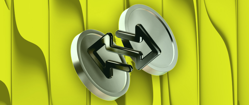 A metallic circular object with a double arrow symbol is centered on a vibrant yellow background with flowing, wave-like patterns, symbolizing Forex swing trading signals.