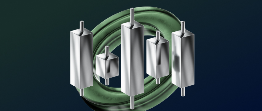 Five metallic, silver pillars of varying heights float in front of a green, textured ring on a dark gradient background, creating a futuristic feel, symbolizing Forex trading demo.