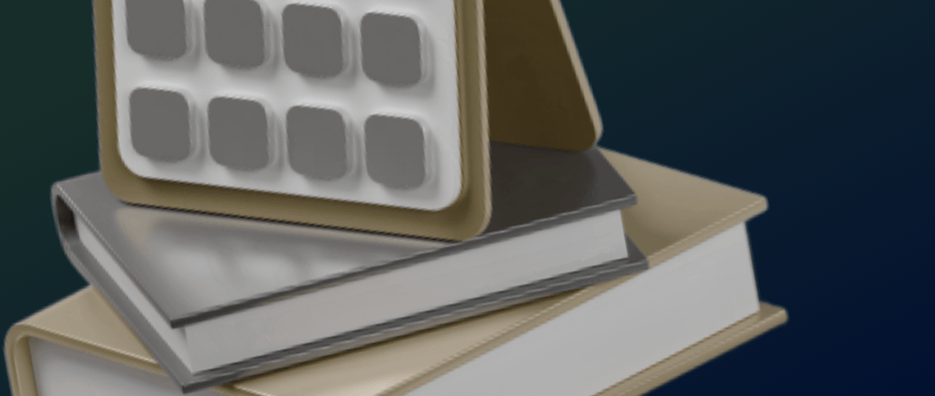 A minimalist 3D illustration of a desk calendar placed on top of a small stack of books against a dark blue background, symbolizing planning and learning in Forex trading for beginner education.