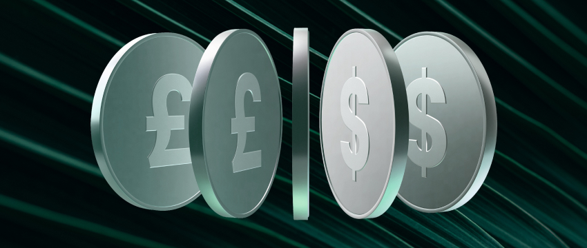 Silver coins with pound (£) and dollar ($) symbols float against a dark green abstract background, representing Forex Trading Strategies, global finance, and currency exchange in the forex market.