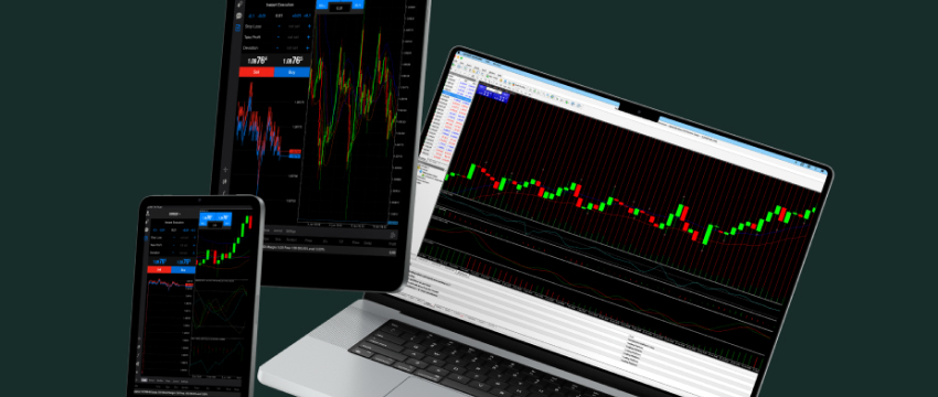 A smartphone, tablet, and laptop displaying colorful financial graphs and charts on dark screens, representing modern Forex trading for beginner platforms and advanced financial trading software.