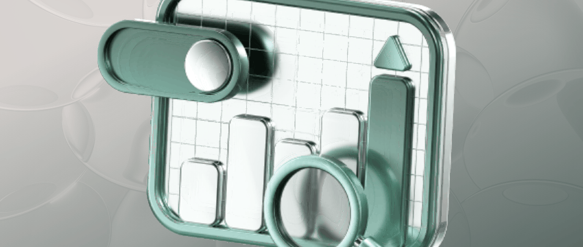 A 3D animated dashboard representing MetaTrader 5 for Beginners, featuring a mint green and silver rising bar chart, an upward arrow, and a magnifying glass floating against a soft bubble background.