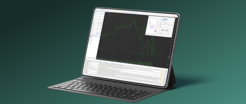A tablet with a keyboard cover displays a fluctuating stock market graph on its screen, set against a dark green background, suggesting a focus on financial analysis and MetaTrader 5 for Beginners
