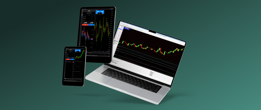 Three digital devices display colorful stock market graphs on a dark green background, highlighting a modern financial analysis setup for a professional forex trader.