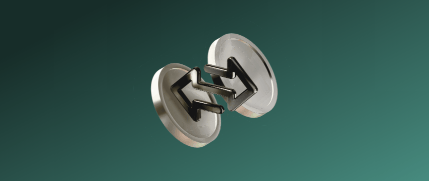 An abstract 3D digital graphic featuring two silver metallic coins floating against a dark teal gradient background. Between them, glossy black interlocking arrows point in opposite directions, symbolizing currency exchange, forex trading, and financial market transactions for a professional forex trader.