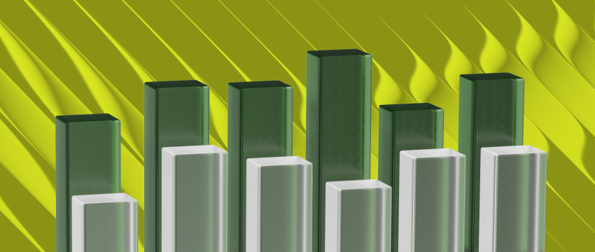 3D bar graph with alternating green and gray bars on a yellow diagonal-striped background. The bars vary in height, creating a dynamic visual effect Retail trader top strategies