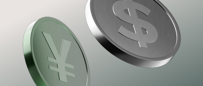 Silver coins with currency symbols: a yen symbol on a green coin and a dollar symbol on a metallic coin, both floating against a neutral background, representing Trading Sessions in Forex.