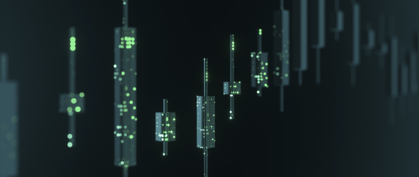 Abstract financial chart featuring glowing green candlestick patterns on a dark background, representing the data precision of algorithmic trading tools.