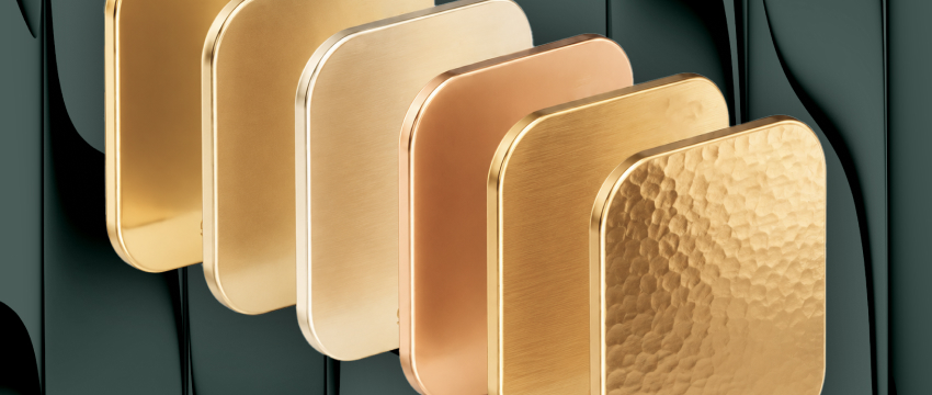Five metallic square panels in gold, silver, and copper tones are arranged artfully against a dark, wavy background, illustrating gold market volatility with a modern, luxurious financial market theme.