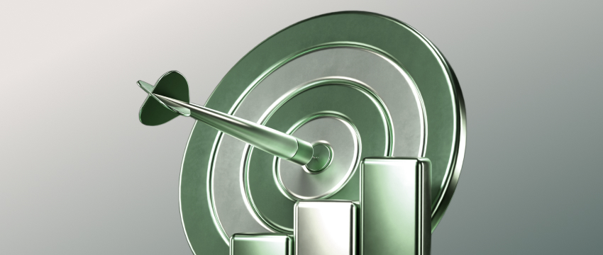 A silver dart hits the bullseye of a circular target, symbolizing success in breakout strategies. In front, three ascending silver bars suggest growth, achievement, and strong market momentum.
