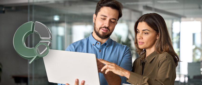 Two professionals discuss data on a laptop, with a chart overlay, incorporating the concept of Multi-timeframe analysis. The scene conveys collaboration and focus, set in a modern office environment.
