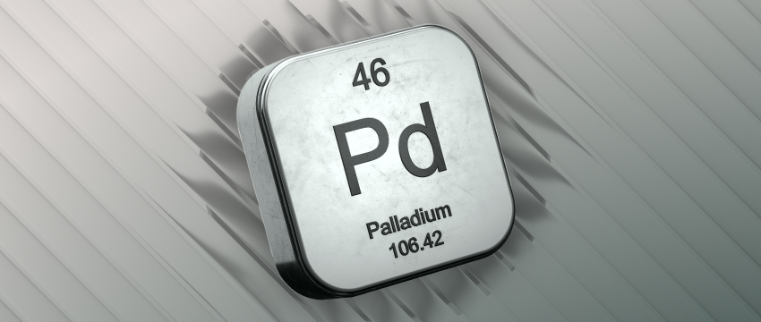 3D metallic element tile for Palladium (Pd) on a silver textured background, representing precious metals investing, commodities trading, and market asset valuation.