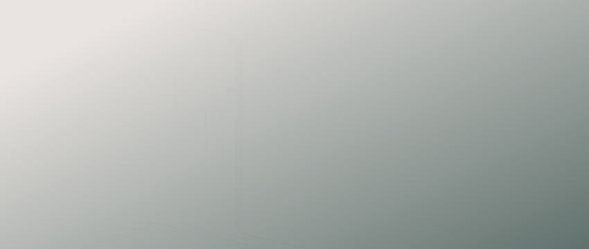 A subtle, light gray gradient background featuring a highly transparent, faint outline of a mobile phone displaying a candlestick chart used for calculating the risk to reward ratio in trading.