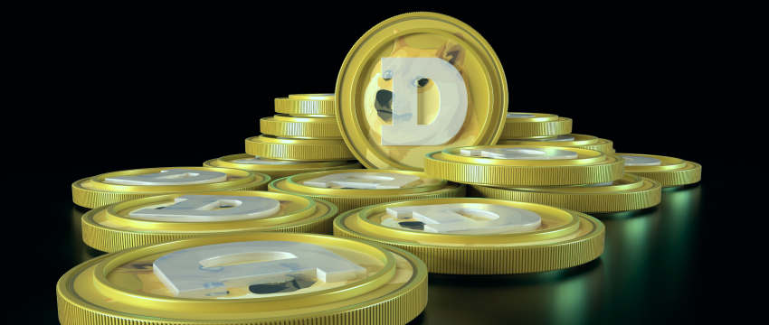 Stacks of gold Dogecoin coins with a Shiba Inu dog and letter "D" on one side, arranged on a shiny black surface, conveying a digital currency theme, top 5 altcoins.