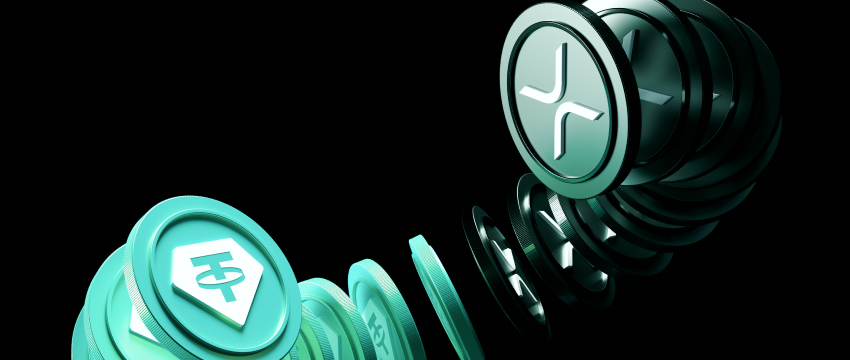 Stacks of digital coins with various cryptocurrency logos, including a shield design and an X, float in dramatic lighting against a black background, top 5 altcoins
