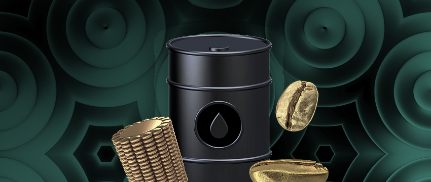 Black oil barrel surrounded by stacked gold coins and coffee beans against a green patterned background, illustrating commodities markets and what is CFD trading.