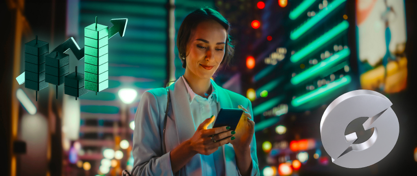 A woman analyzing market data on her phone in a neon-lit city, symbolizing how diverse types of traders utilize Trading Sphere. A 3D green candlestick chart with an upward trend arrow and the silver circular Trading Sphere logo flank her.