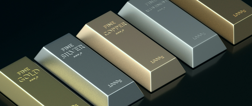 A row of 1000g bullion bars representing popular metals to trade, including fine gold, silver, copper, and aluminum on a dark background.
