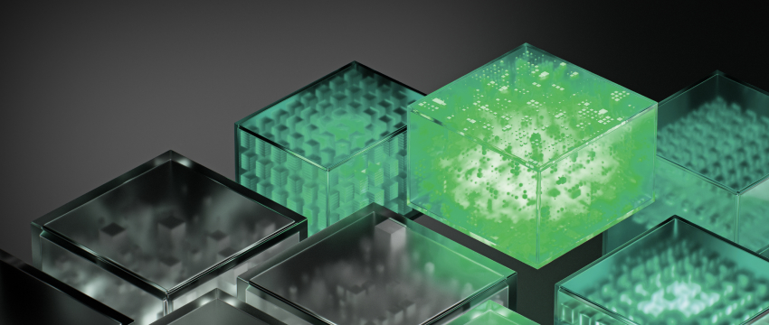 Futuristic glass cubes with glowing green data networks inside, symbolizing advanced data storage and blockchain innovation.