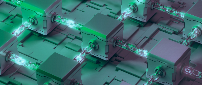 3D rendering of interconnected metallic blocks joined by glowing green chains, representing decentralized network security and blockchain innovation.