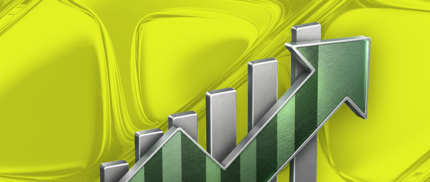 A 3D silver bar graph with a green upward-trending arrow against a vibrant yellow background, representing growth using a Forex Performance Tracker.