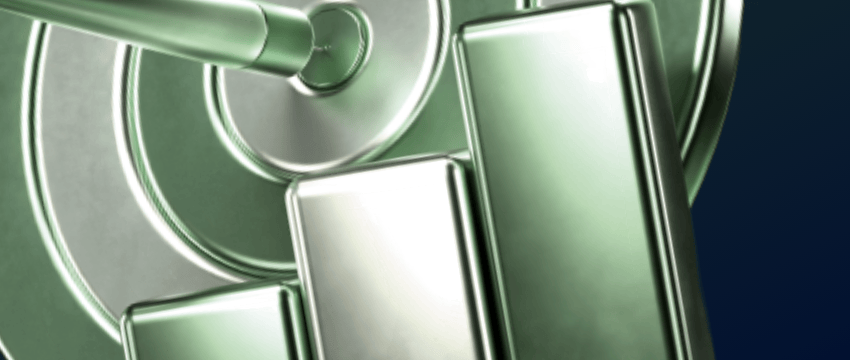 A metallic target with a dart hit dead-center positioned behind 3D bar chart blocks, illustrating precise goals set with a Forex Performance Tracker.