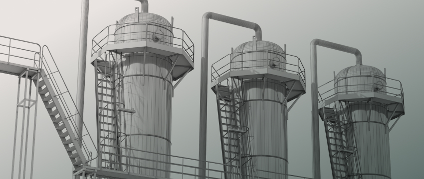 3D schematic render of three industrial storage silos and processing pipelines, symbolizing infrastructure and technology in the future natural gas energy trading sector.