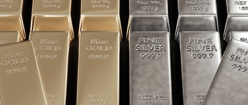 Rows of physical fine gold and silver 1000g bars representing a gold vs silver investment strategy.