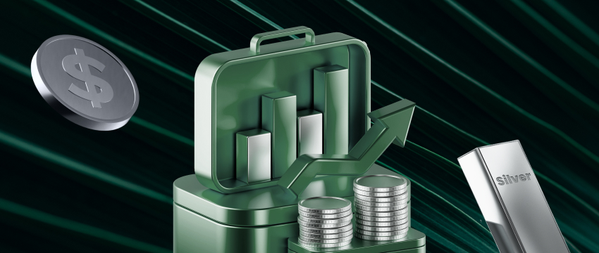 A 3D illustration demonstrating a simple forex strategy, featuring a green briefcase showing an upward bar chart and growth arrow, flanked by a silver dollar coin, stacks of silver coins, and a silver bullion bar against a dark green textured background.