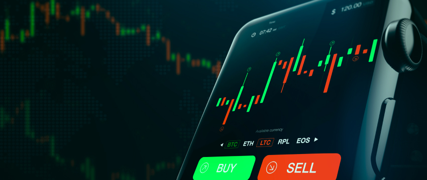 A mobile trading app displaying a simple forex strategy with green buy and red sell buttons below a candlestick price chart.