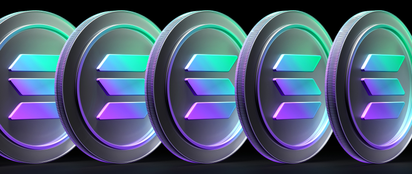 A row of metallic Solana physical coins featuring glowing neon green and purple logo emblems on a dark background, illustrating a solana price forecast 2030 guide.