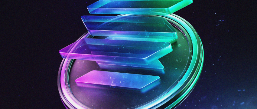 A futuristic, close-up graphic of a silver Solana coin with a layered, translucent glass logo illuminated in green and purple neon for a solana price forecast 2030 article.