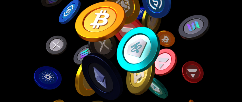 A dynamic group of floating 3D cryptocurrency tokens, featuring Bitcoin, Ethereum, and Tether against a black background, answering the question: What are the top cryptocurrencies?