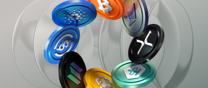 Animated 3D crypto tokens floating in a circle against a metallic grey background, perfect for a guide answering "What are the top cryptocurrencies to trade?"
