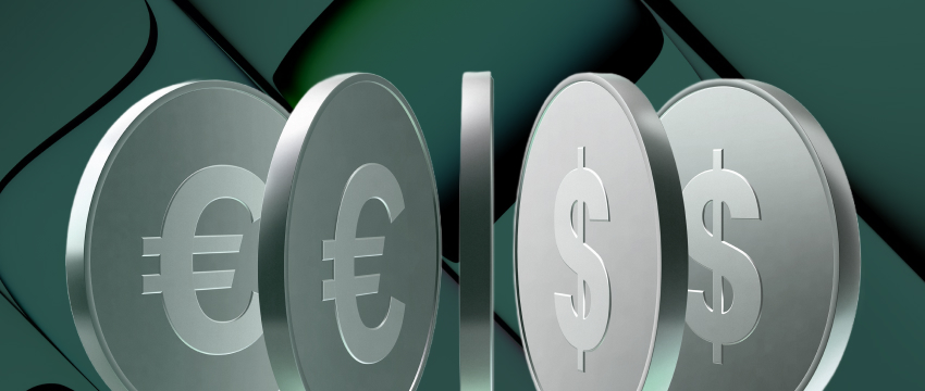 A row of 3D metallic coins featuring Euro (€) and US Dollar ($) symbols standing upright against an abstract dark green background, perfect for a guide on finding the best time to trade eurusd forex pairs.