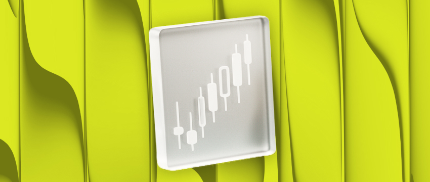 White financial candlestick chart icon on a modern patterned green background, visualizing market trends for an article explaining what is trading.