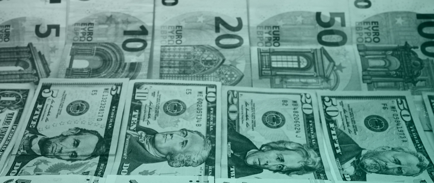 A close-up, desaturated green overlay showing rows of Euro banknotes arranged above US Dollar bills, visually representing the currency pair exchange for studying eurusd historical data.