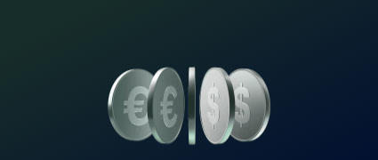A horizontal row of 3D metallic coins showing Euro and US Dollar symbols on a dark blue background, providing a clean graphic for tracking eurusd historical data.