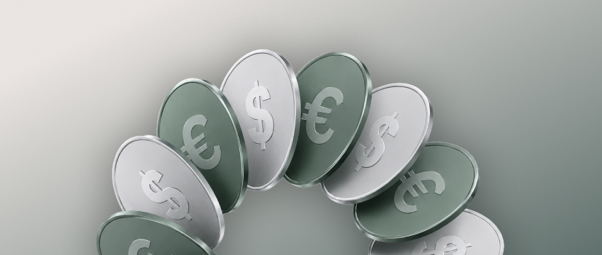 An arch of alternating green and silver 3D coins embossed with Euro and US Dollar symbols, perfect for articles comparing the best tools to analyze eurusd historical data.
