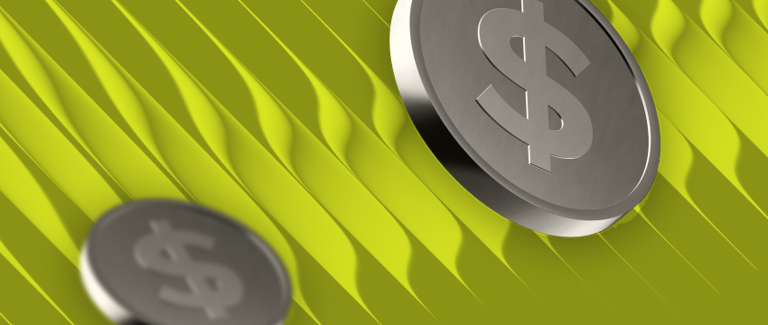 Close-up of a silver coin stamped with a dollar sign resting against a wavy bright green backdrop, ideal for Forex traders funding concepts.