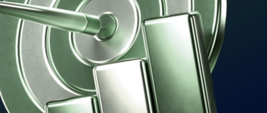 A sleek 3D green metallic target hit directly in the bullseye next to rising chart bars, symbolizing target goals for Forex traders funding.