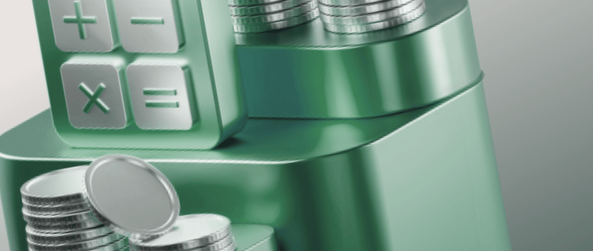 3D green display featuring stacks of silver coins and a calculator interface representing an Interest Rate Calculator tool.
