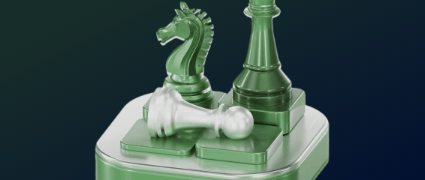 Strategic green and silver chess pieces, including a knight and a fallen pawn, arranged on a podium against a dark blue background to represent trading psychology tips focused on strategic planning and goal-oriented mindsets.