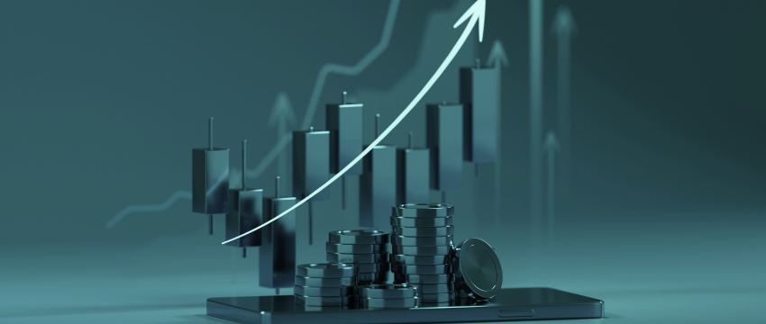 Rising forex trading chart with coins illustrating potential profits and market risk