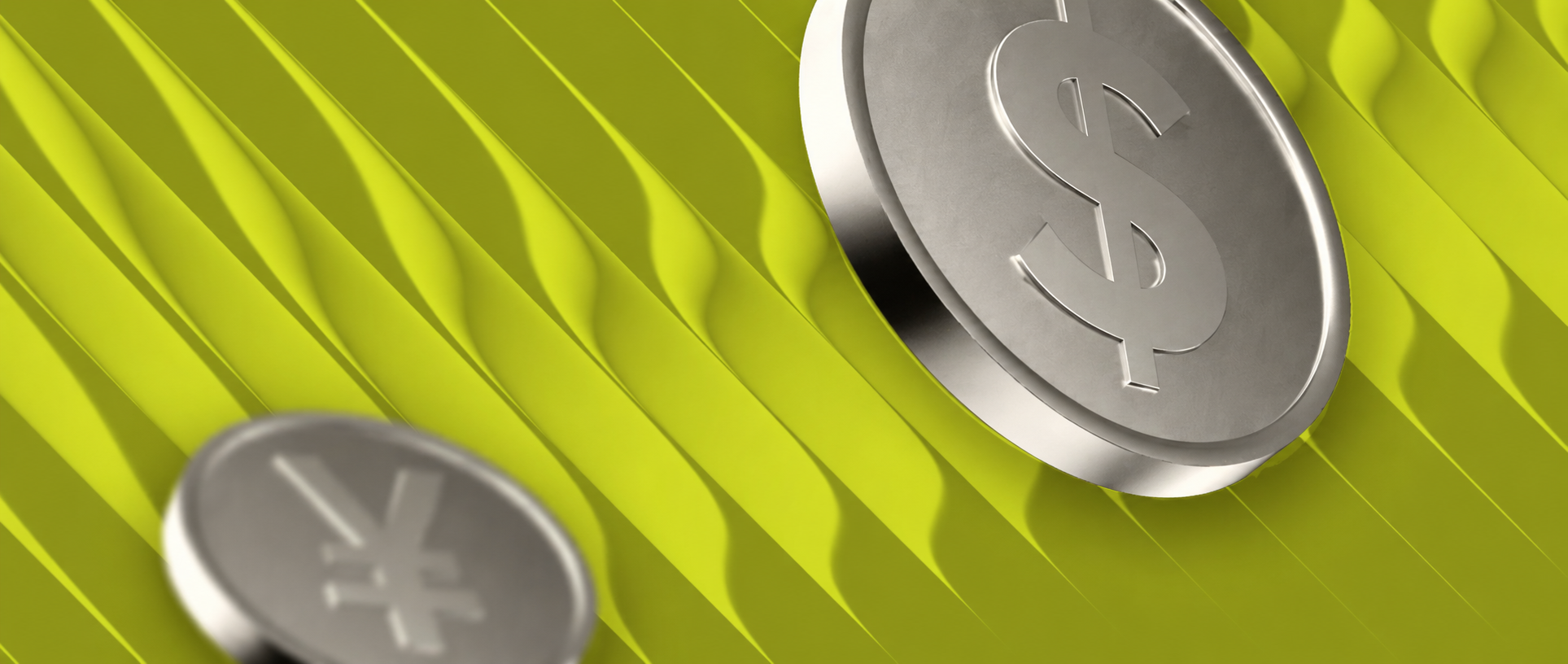 Metallic Currency USD and JPY Coins on Lime Waves